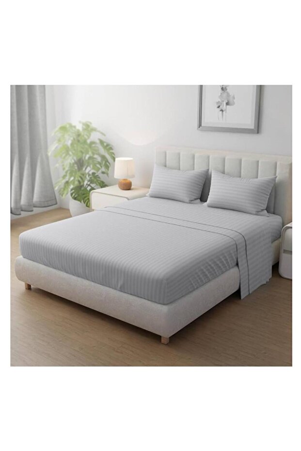 Livenza Home Stripe 3 Pcs Set - 1 x Fitted Sheet 160 x 200 cm with 2 x Pillow Case Light Grey