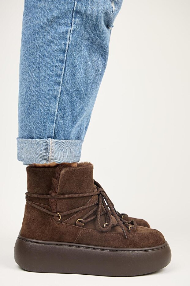 Haven Women's Genuine Leather Lace-Up Brown Boots with Fur Inside