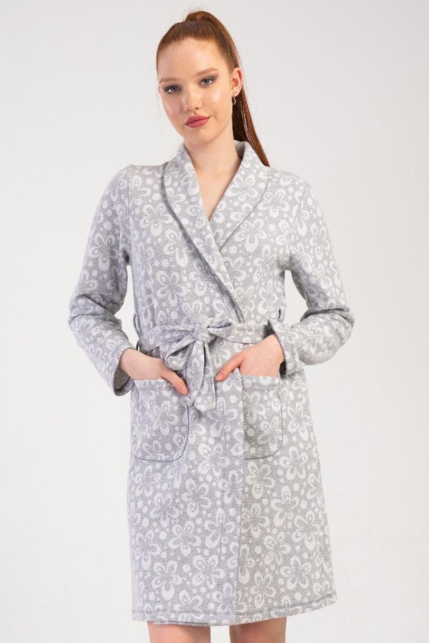 Women's Plus Size Jacquard Shawl Collar Long Sleeve Gray Color Patterned Dressing Gown C0T2N0105