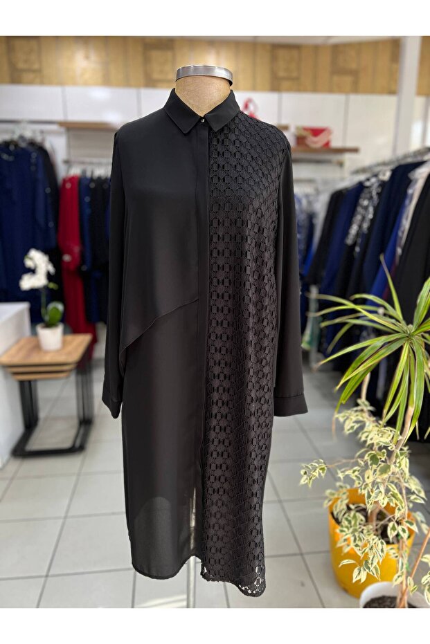Siyah Dantel Detaylı Tunik - 1