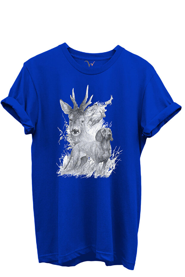 Deer and Hunting Dog Illustration Printed 100% Cotton Regular Fit Crew Neck Unisex T-Shirt