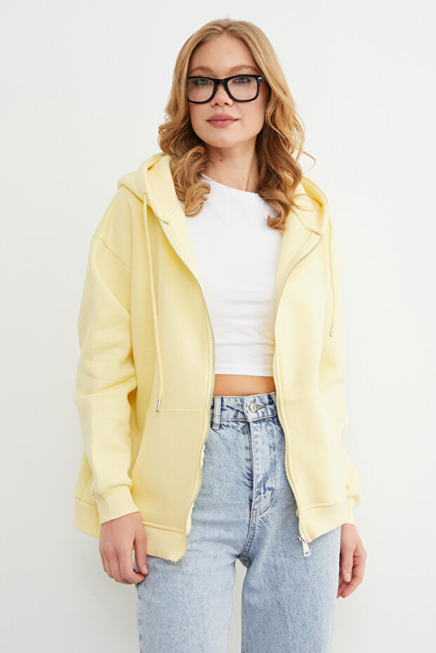 Basic Fermuarlı Kapüşonlu Oversize Sweatshirt - 2