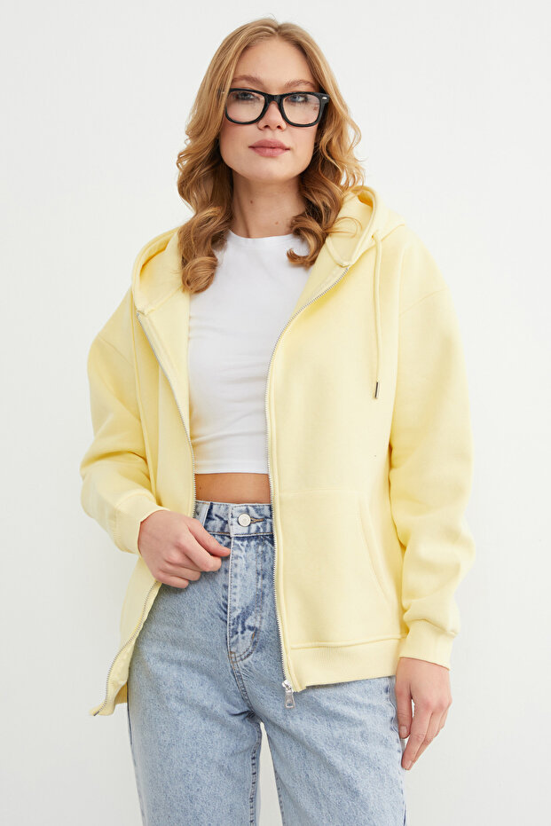 Basic Fermuarlı Kapüşonlu Oversize Sweatshirt - 1