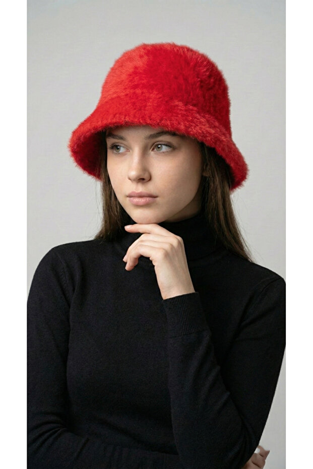Women's Red Plush Bucket Hat - Winter Warm Soft Textured Furry Hat