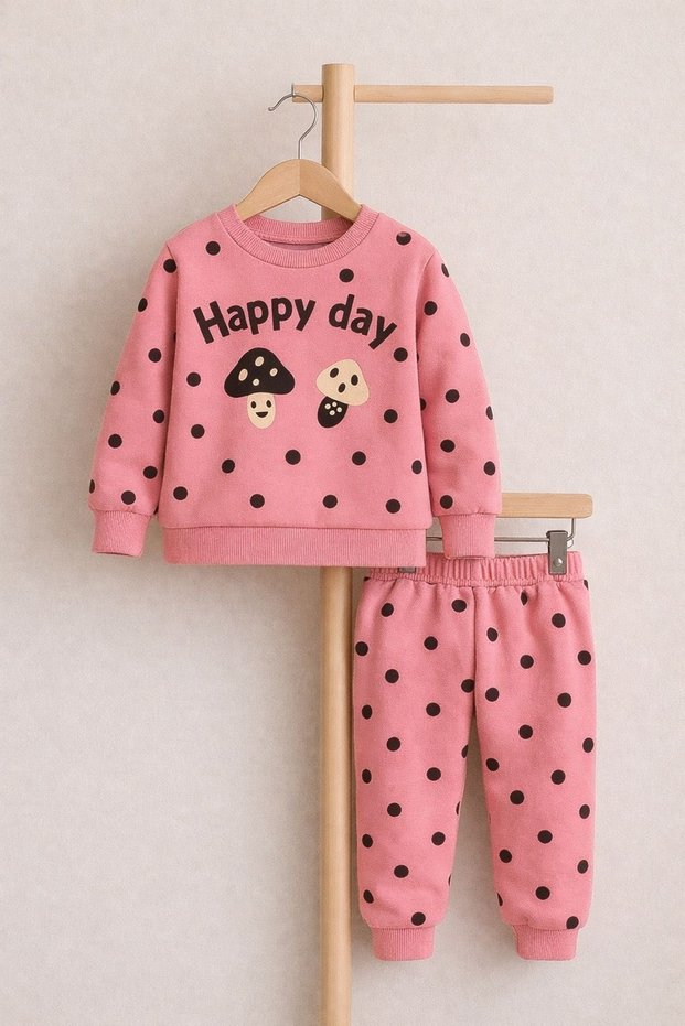 1-4 Years Old Girl Fleece-Lined Piece Tracksuit Set Happy Day Patterned Winter
