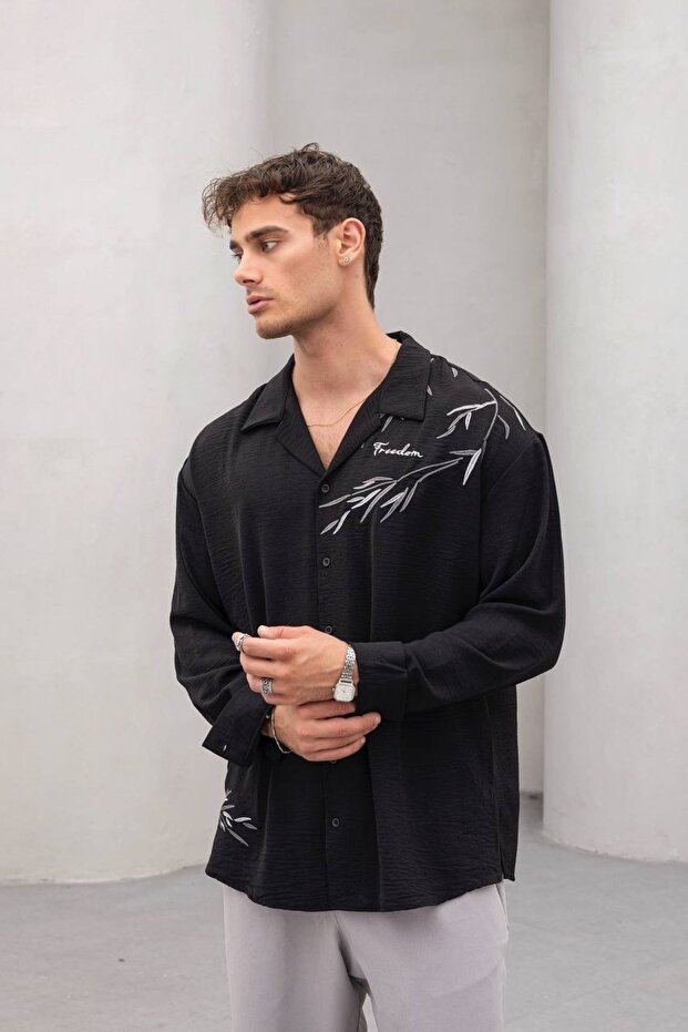Oversize Gömlek Freedom Çiçek Siyah - 1