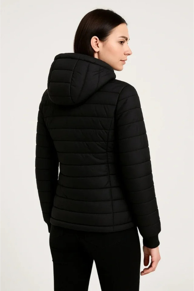 Inflatable Hooded Zippered Jacket Water Repellent Quilted Lining Fabric Pocket Winter Comfortable Fit - Black