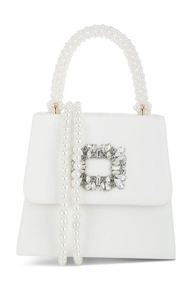 Women Pearl Top-Handle Diamante Brooch Bag in White