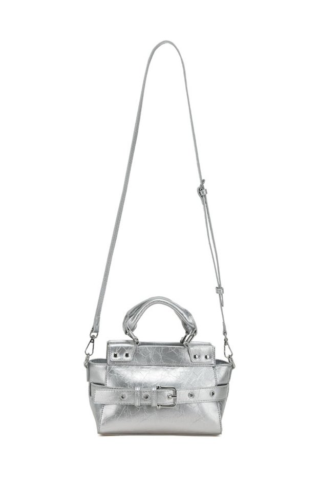 Women Buckle Detail Satchel Bag in Silver