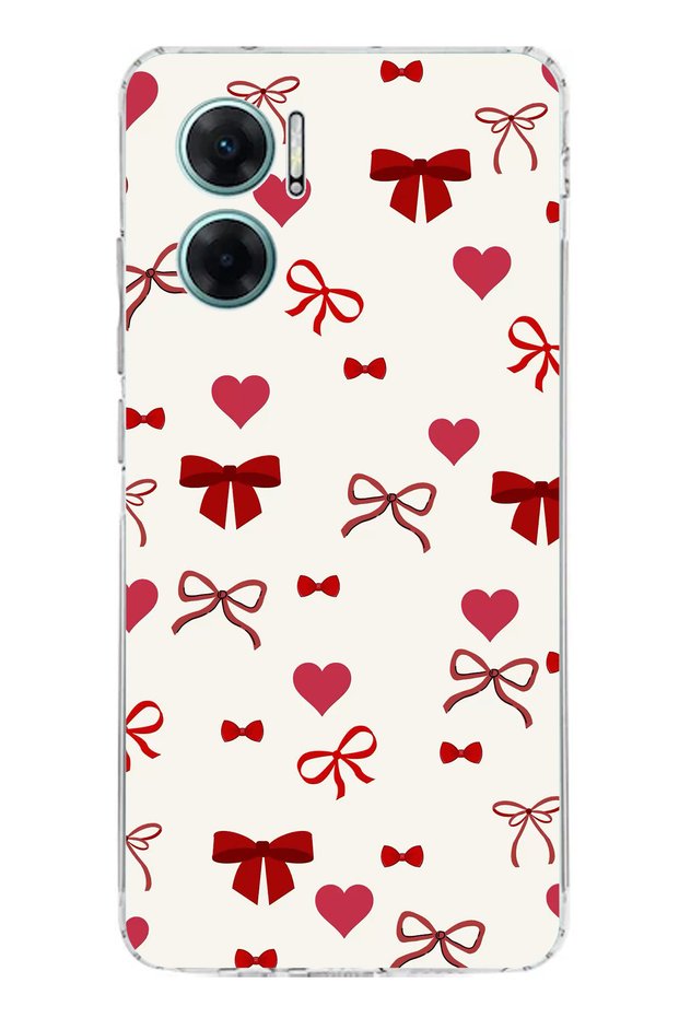 Redmi Note 11E Compatible Burgundy Hearts and Bows Printed Silicone Case