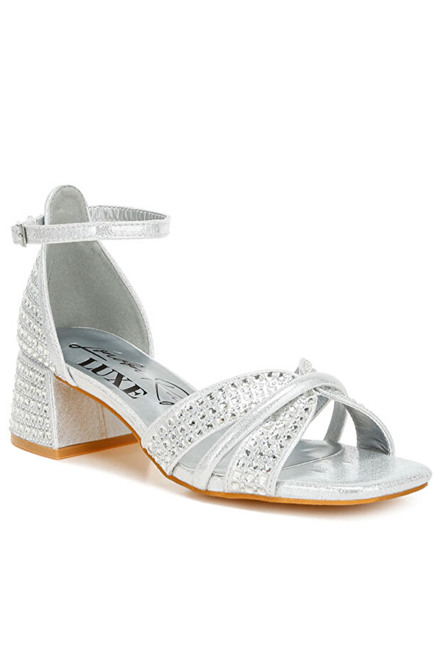 Women Low Block Heel Rhinestone Sandals in Silver