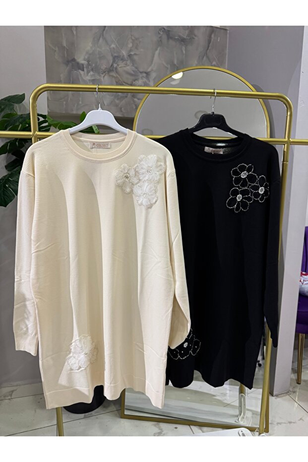 Çiçekli taşlı merserize tunik - 6