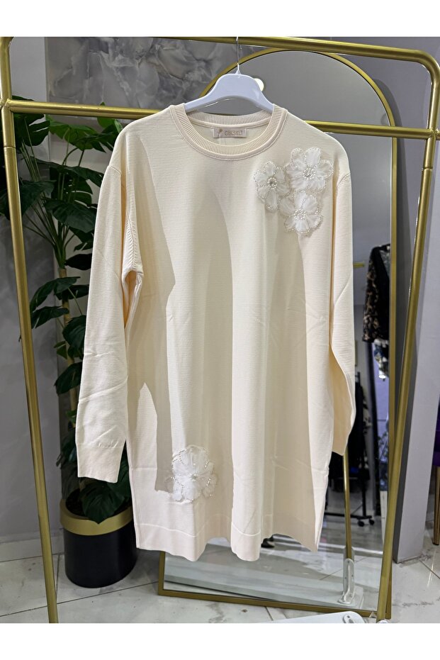 Çiçekli taşlı merserize tunik - 4