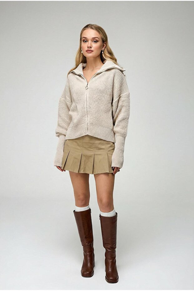 Women's Zippered Turtleneck Knit Cardigan Bone 6919
