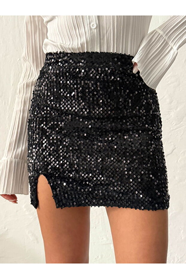 Pullu kadife mini şık etek - 3