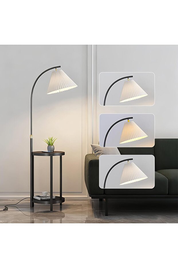 Modern Floor Lamp with Integrated Side Table & 3-Color Dimmable Light (Black)