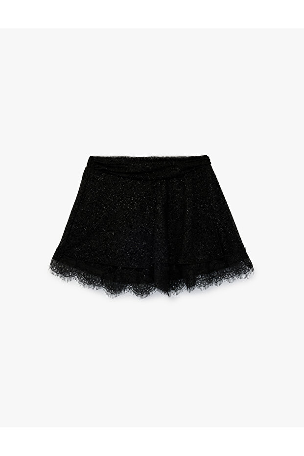 Lace Detailed Elastic Waist Glitter Detailed Mini Skirt