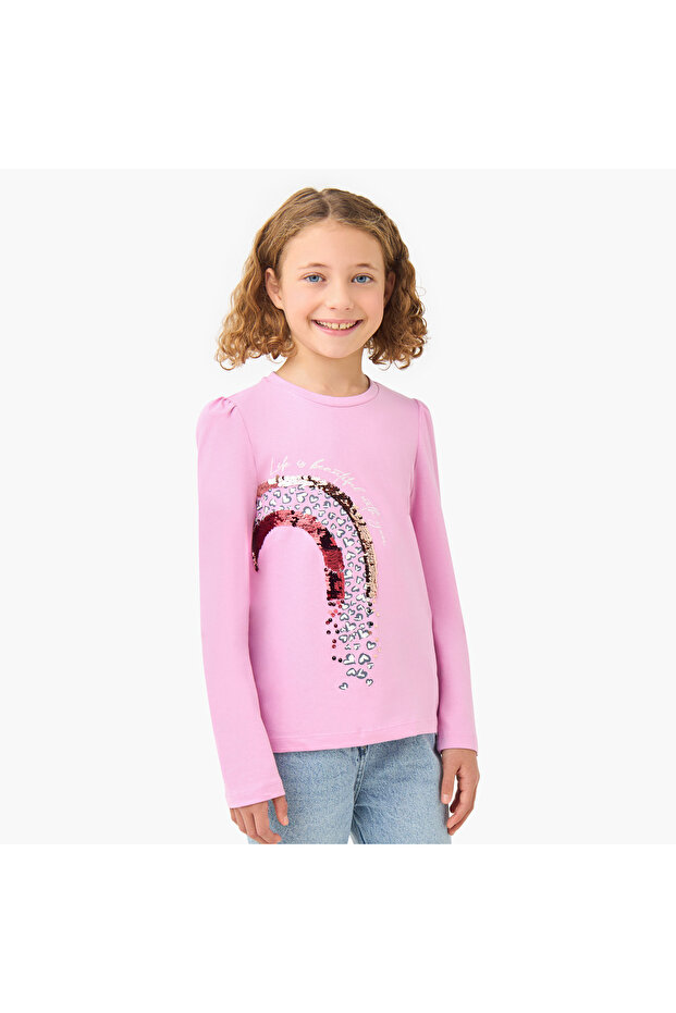 Girls Crew Neck with Rainbow Sequin Detail - Cotton - Long Sleeves