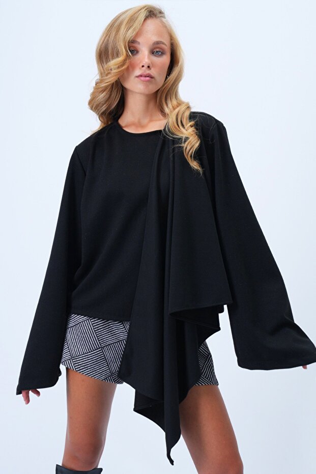 Női fekete, bő nyakú, széles szabású blúz, öntakaró részlettel ALC-X14420 - 4