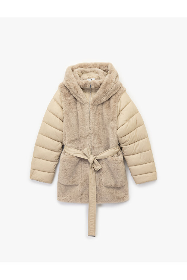 Hooded Belt Detailed Zippered Faux Fur Coat