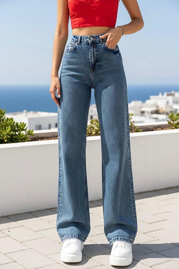 Deren stretch fabric women's blue mid-rise super high waist relaxed leg denim jeans relaxed pants