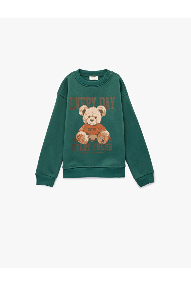 Three Thread Teddy Bear Printed Long Sleeve Crew Neck Sweatshirt