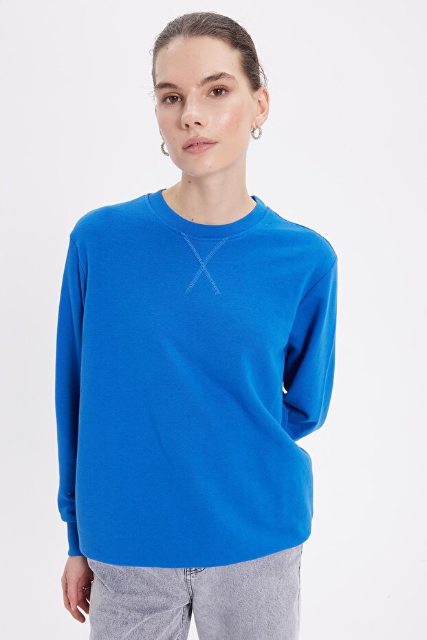 Women's Oversized Wide Cut 100% Cotton 3 Thread Basic Navy Blue Crew Neck Sweatshirt
