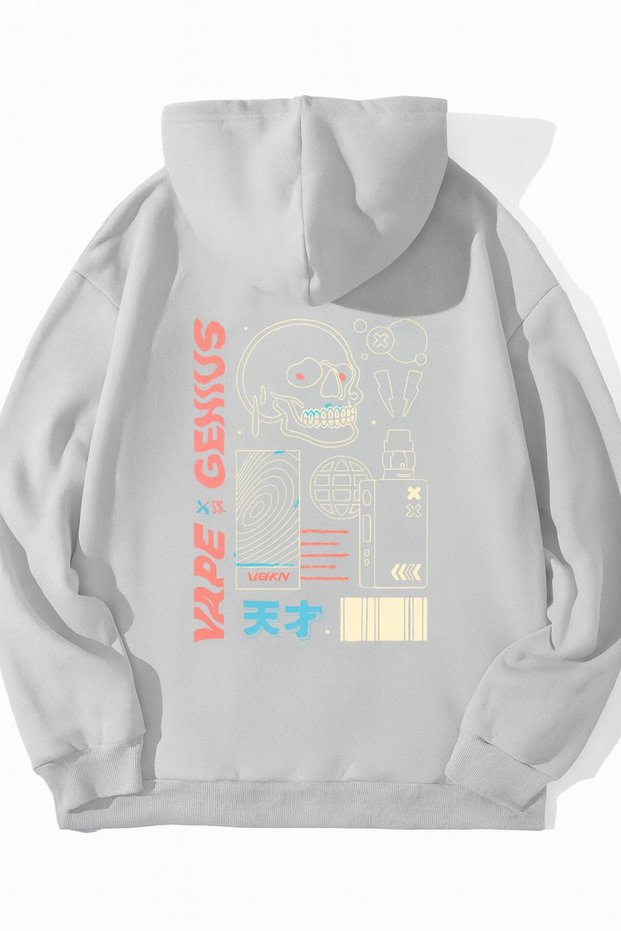 Unisex Oversized Hooded Printed Vape Skull Graphic Streetwear Casual Style Sweatshirt