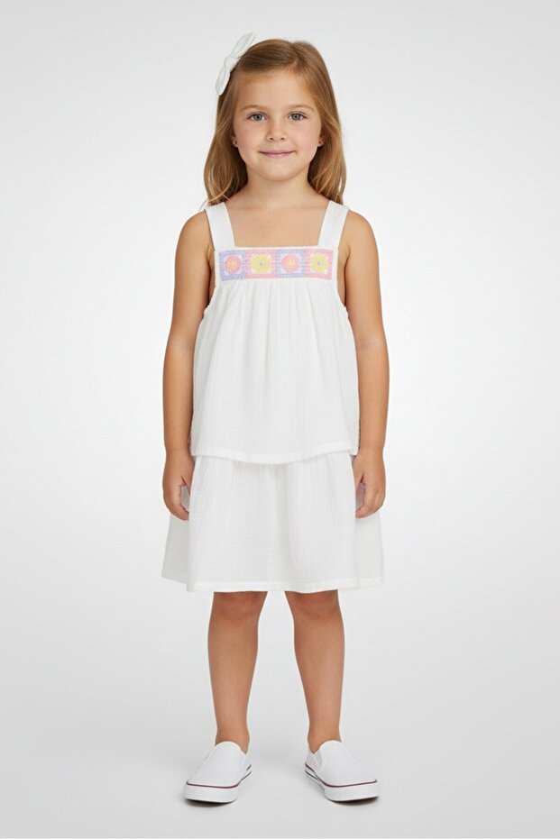 Kids Girl 2Pcs Embroidered Dress With Scrunchie Set, White