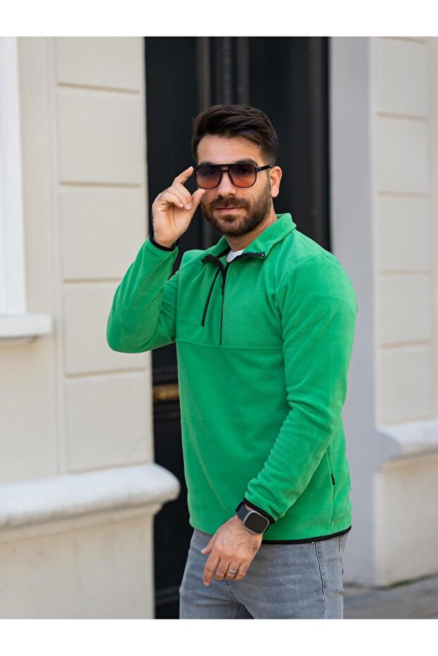 Men's Green Regular Fit Fleece with Mock Neck Zipper Pockets
