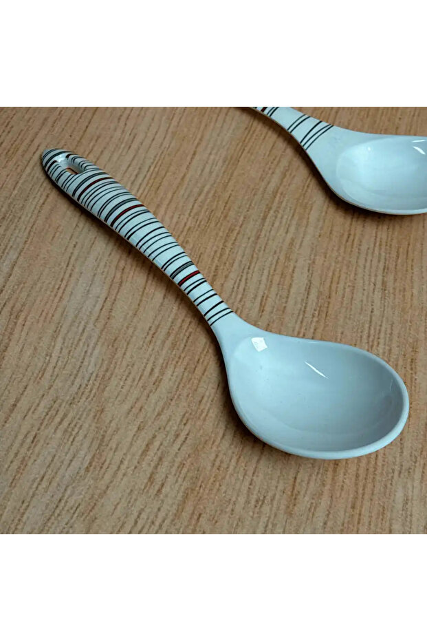 Melamine 12 Inch Black And Red Line Designed Solid Spoon (Single Piece)- White