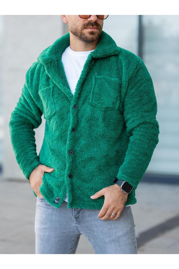 Unisex Green Plush Shirt Collar Buttoned Double Pocket Regular Fit Wersoft Fleece Fabric