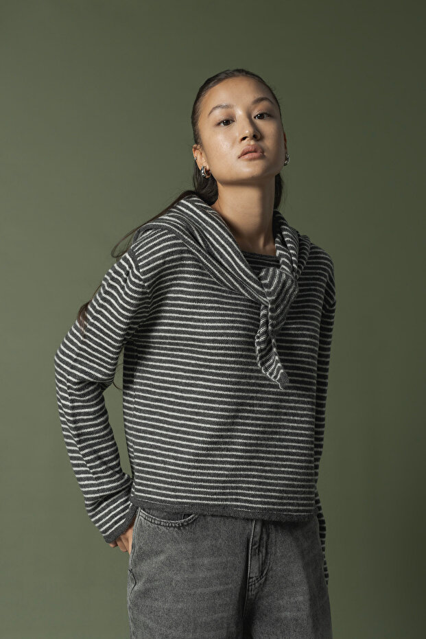 Striped scarf detail knit sweater