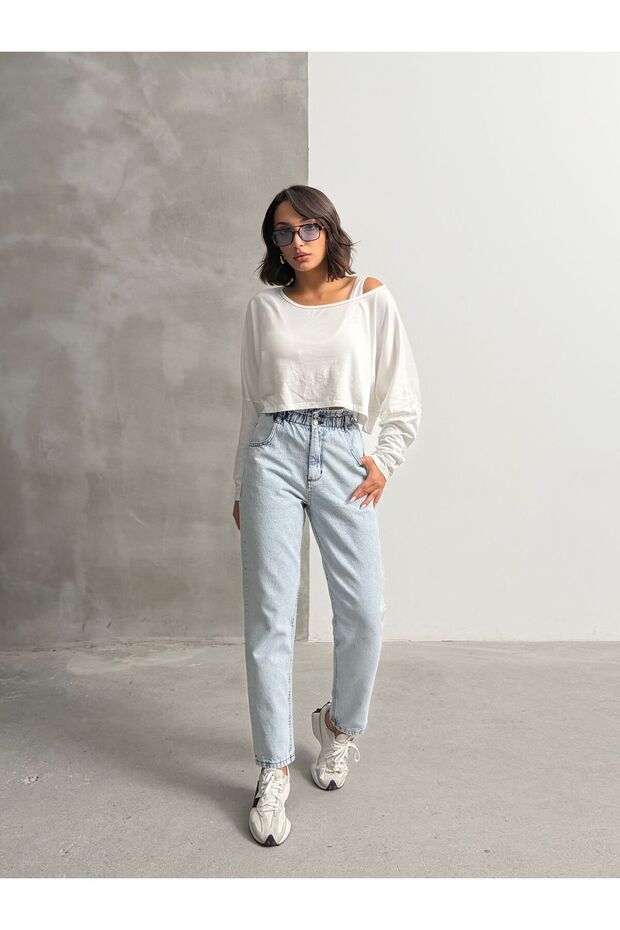 Ice Cream High Waist Double Button Waistband Drawstrap Mom Jeans