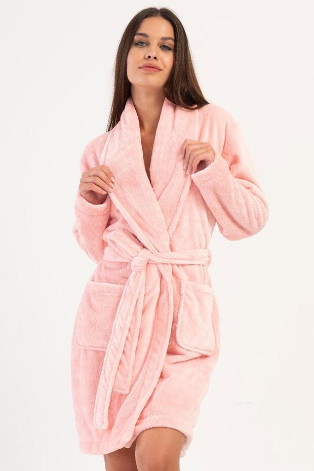 Women's Long Sleeve Shawl Collar Welsoft Fabric Soft Textured Pink Color Dressing Gown C9T1N1304