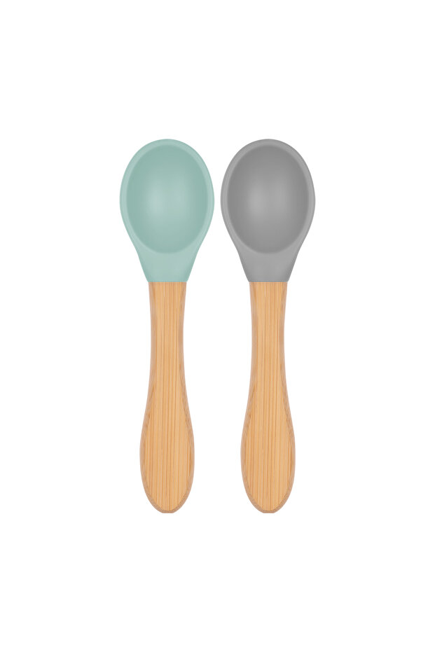 Bamboo Handle Silicone Feeding Spoon Set of 2 - River Green / Powder Gray
