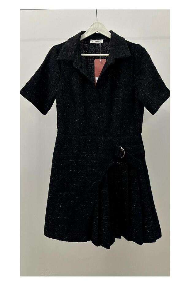 Pileli ve Drapeli Siyah Elbise - 1