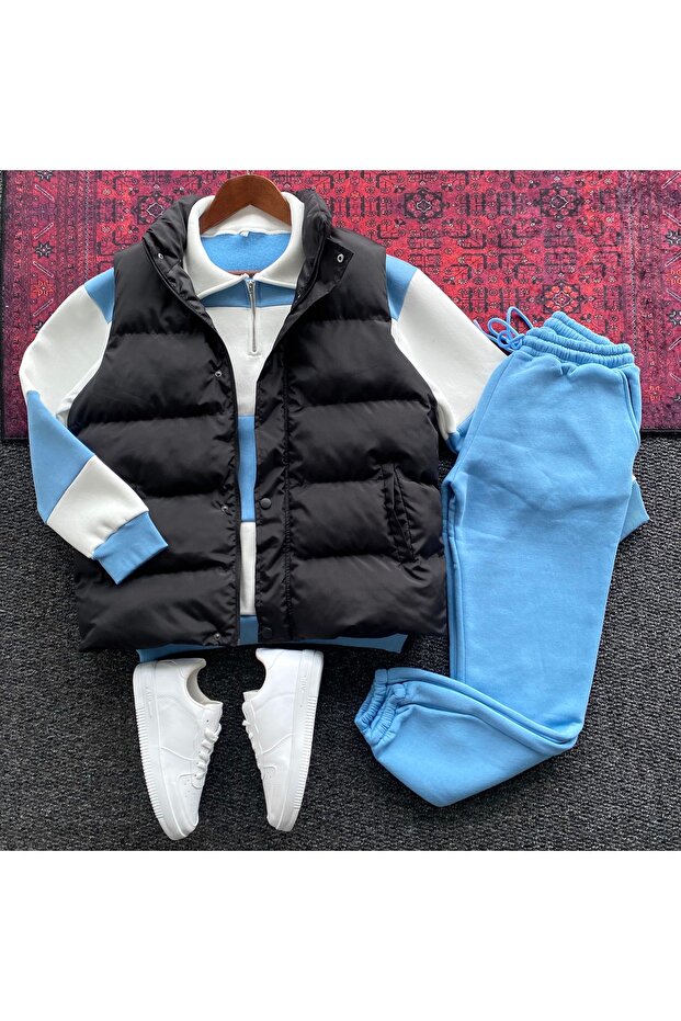 Padded Inflatable Vest, Segmented Fleece Sweatshirt and Fleece Tracksuit 3-Piece Set