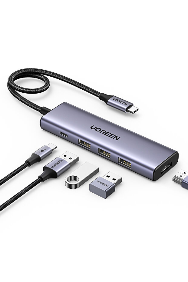 محول طاقة USB-C إلى HDMI + 3 منافذ USB 3.0 A + PD، طول 15 سم، لون رمادي