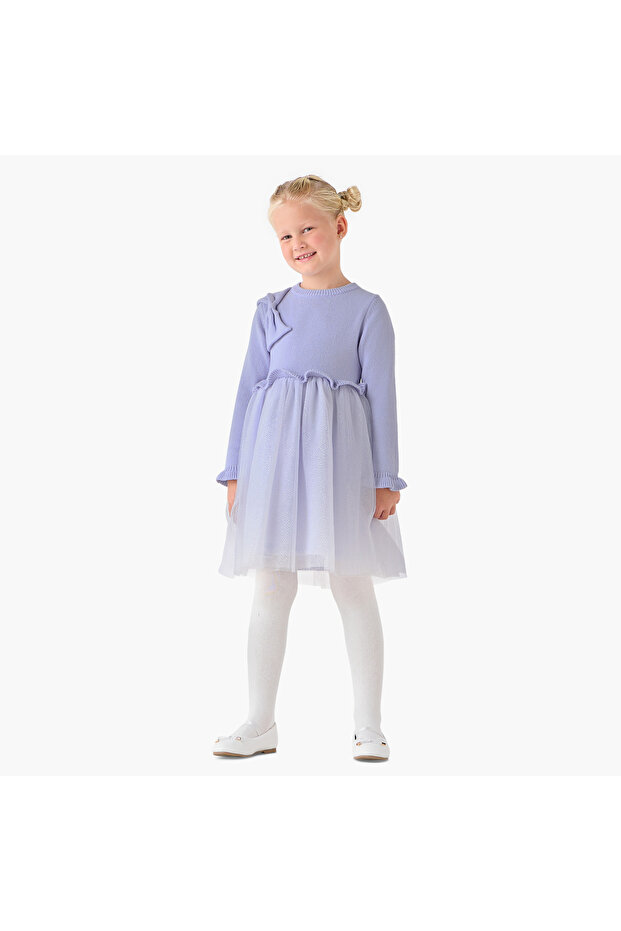 Round Neck Long Sleeves Knee Length Dress with Bow Detail