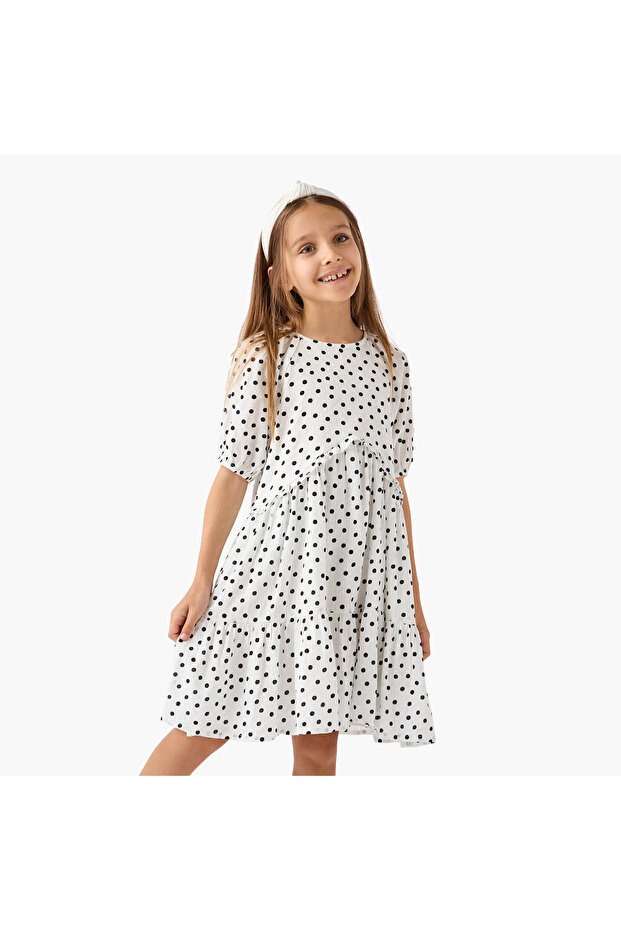 Polka Dot A-line Dress with Ruffle Detail