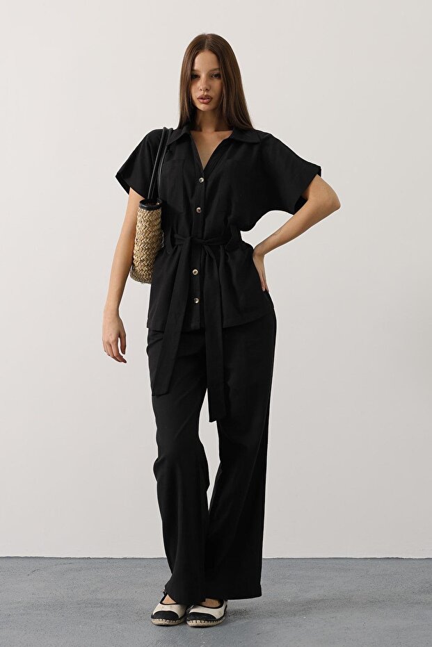 Women's Black Belted Pocket Detailed Trouser Suit Vs00593
