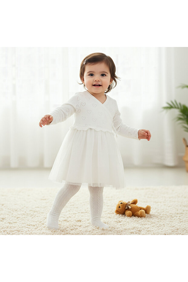 Textured V-neck Dress and Tights Set