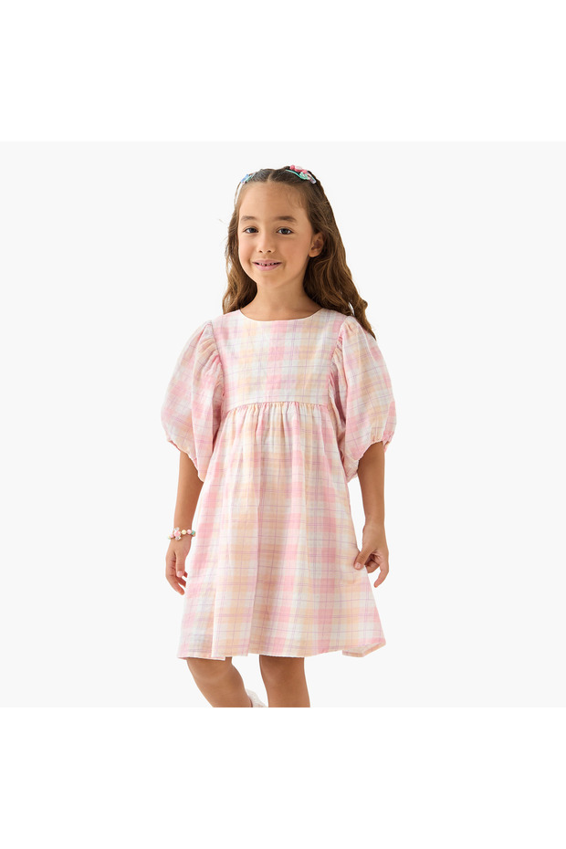 Checked A-line Dress with Round Neck