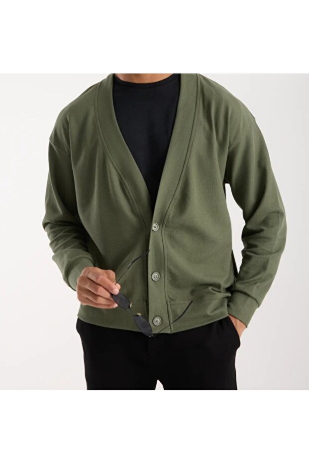 Oversize Yeşil Basic 3 Düğme Hırka - 1