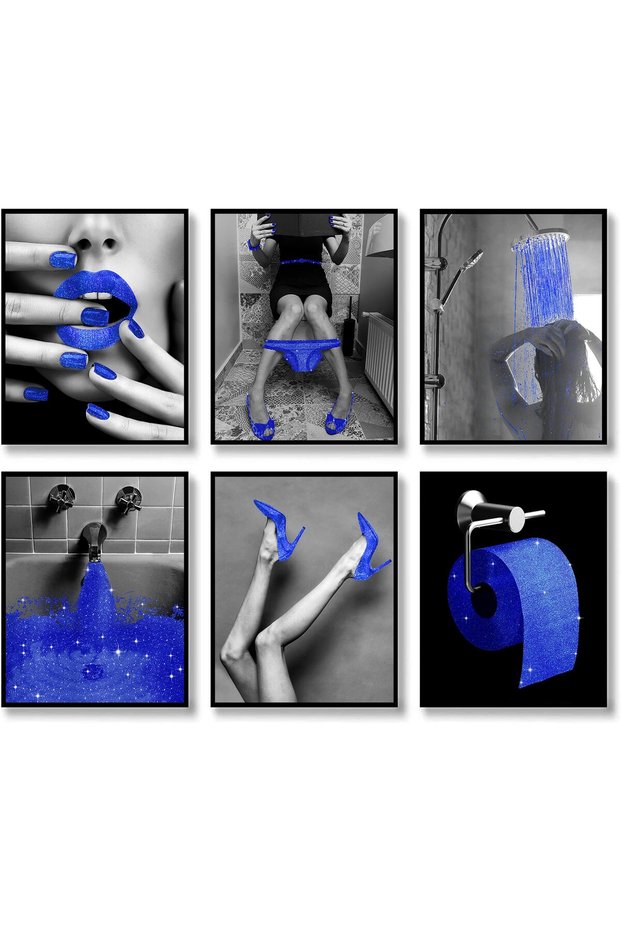 ALAYRA Fashion Wall Art Bathroom Wall Decor Prints Blue Glam Glitter Tissue Canvas Posters Photos Bathroom Pictures Artwork Black and White Modern Women Funny Bathroom (Blue,30X40 CM