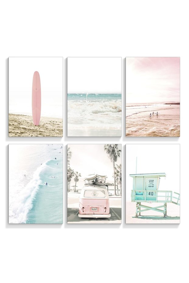 ALAYRA Set of 6 Beach Canvas Wall Art, Tropical Summer Ocean Coastal Posters, Preppy Gallery Beach Prints, Girly Nautical Surfboard Bus Room Decor, California Beachy Pictures20X25 CM