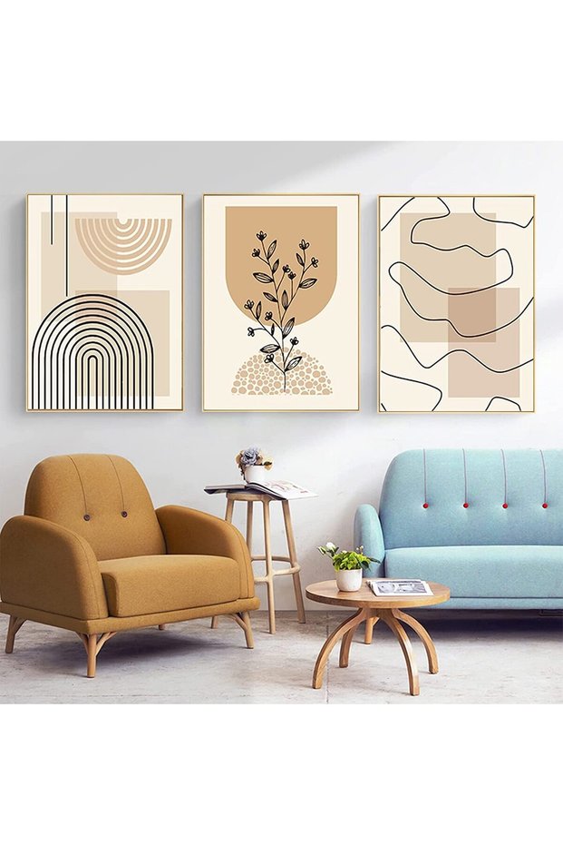 ALAYRA Modern Pictures Boho Decorative Wall Decoration for Living Room, Bedroom, Abstract Premium Poster Set - Without Frame (Beige, x 3 Pieces)30X40 CM