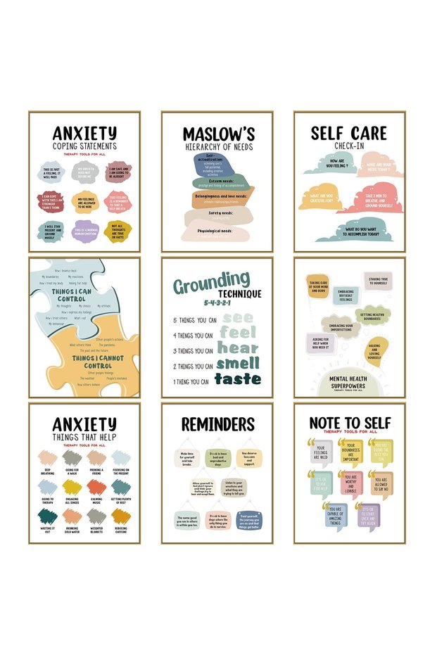 ALAYRA 9 Pieces Mental Health Posters Anxiety Therapy Motivational Poster Psychologist Counselor Inspirational Posters Positive Quotes Wall Decor Classroom for Home Office, (Retro20X25 CM