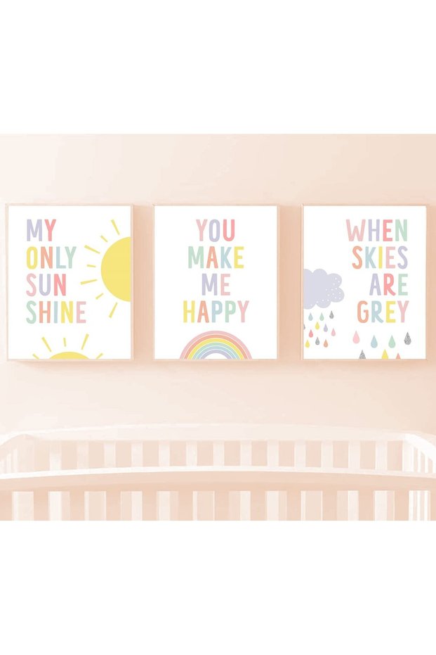 ALAYRA Nursery Wall Decor – Unframed Prints Set of 3 () You are my Sun Shine Posters, Kids Room Decor, Girls Room Decor, Pastel Rainbow Sun Cloud Wall Art for Nursery Kids Baby20X25 CM